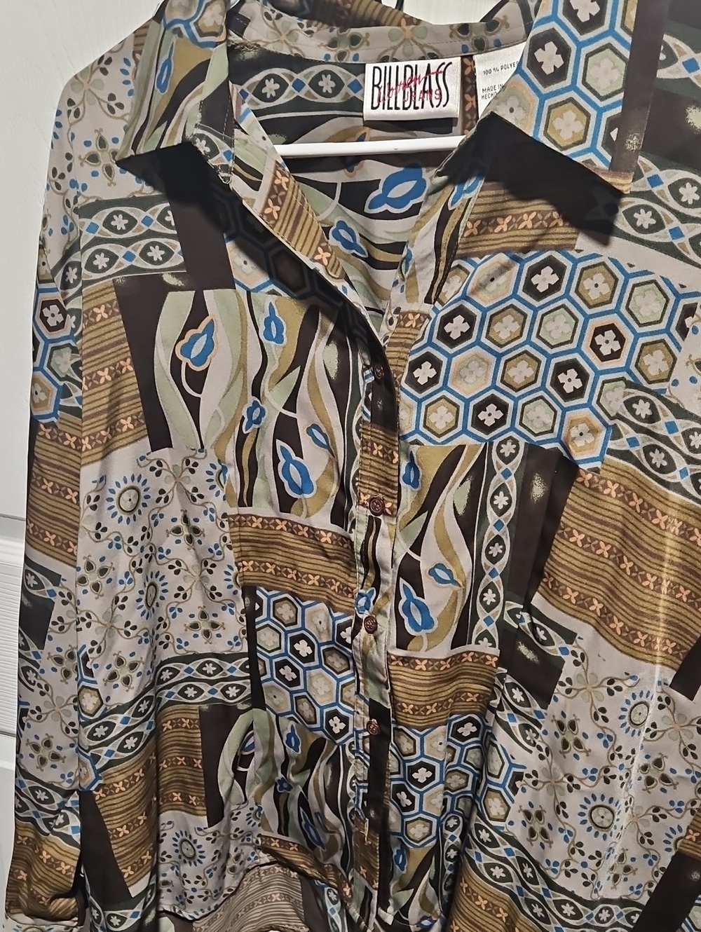 bill blass Multicolor Geometric & Floral Button-Up Blouse — Blue, Olive, Brown